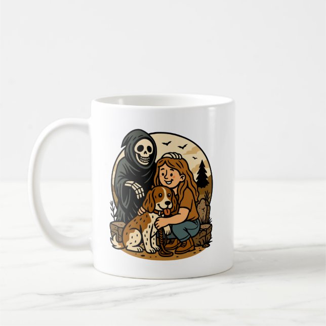 Spooky Grim Reaper with Girl and Dog Skeleton Art  Coffee Mug (Left)