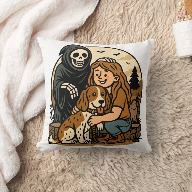Spooky Grim Reaper with Girl and Dog Skeleton Art  Cushion (Blanket)