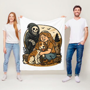 Spooky Grim Reaper with Girl and Dog Skeleton Art  Fleece Blanket