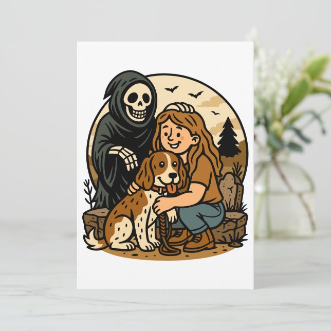Spooky Grim Reaper with Girl and Dog Skeleton Art  Invitation (Standing Front)