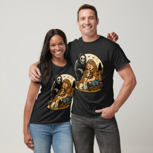 Spooky Grim Reaper with Girl and Dog Skeleton Art T-Shirt