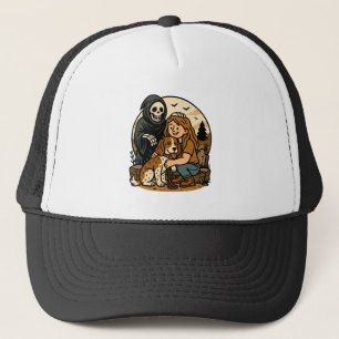 Spooky Grim Reaper with Girl and Dog Skeleton Art  Trucker Hat