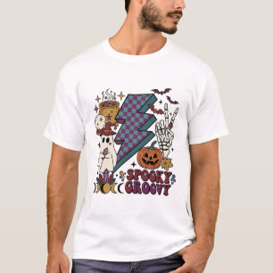 Spooky Groovy Ghost Skeleton Hand Lightning Bolt P T-Shirt