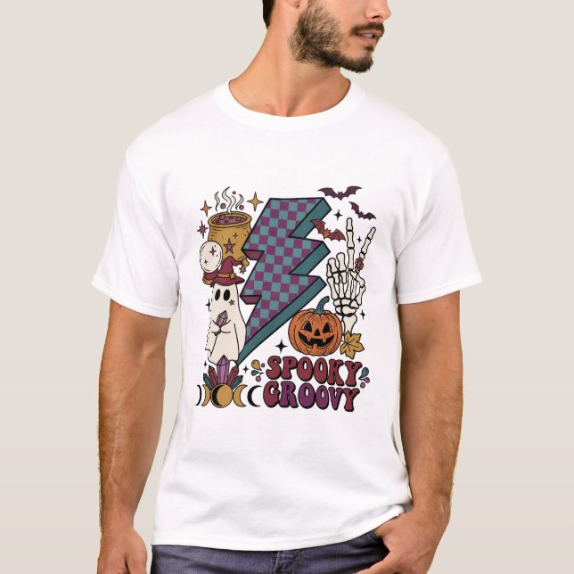 Spooky Groovy Ghost Skeleton Hand Lightning Bolt P T-Shirt (Front)