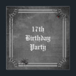 Spooky Halloween 17th Birthday Invitation<br><div class="desc">Personalised, custom spooky, scary spiders and cobwebs 17th birthday party invitation with a Halloween theme. The front of this cool card has an old metal effect silver frame with spider's cobwebs in the top corners. In one / 1 cobweb is a red back spider and in the bottom left corner...</div>