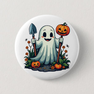 Spooky Halloween Autumn Gardening Ghost Pumpkin 6 Cm Round Badge