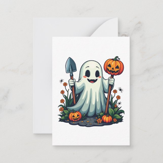 Spooky Halloween Autumn Gardening Ghost Pumpkin Card (Front)