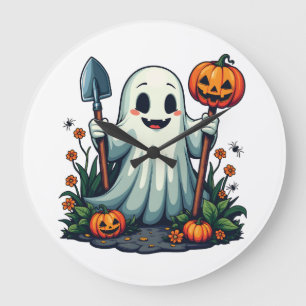 Spooky Halloween Autumn Gardening Ghost Pumpkin Large Clock