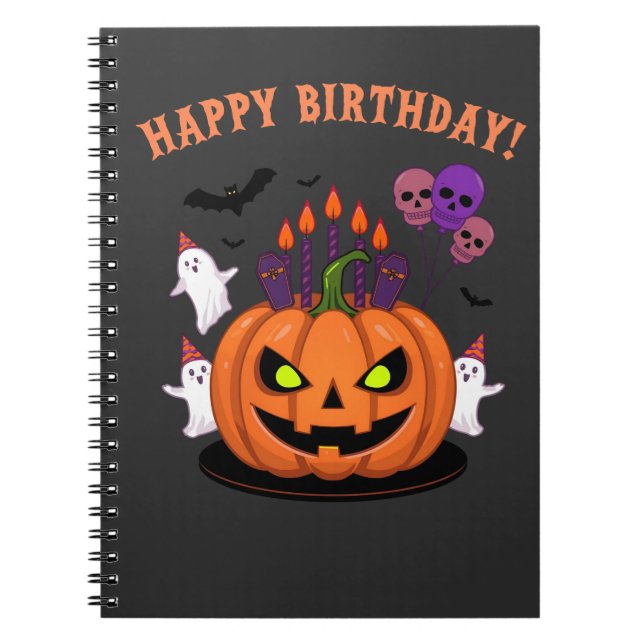 Spooky Halloween B-day Pumpkin Cake & Ghosts Notebook (Front)