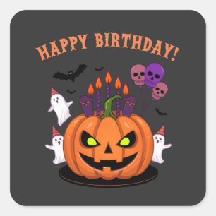 Spooky Halloween B-day Pumpkin Cake & Ghosts Square Sticker
