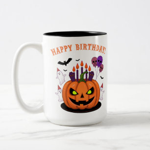 Spooky Halloween B-day Pumpkin Cake & Ghosts Two-Tone Coffee Mug