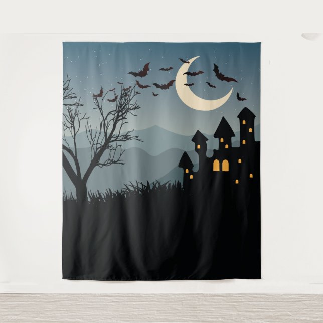 Spooky Halloween backdrop with haunted house Tapestry (Front)