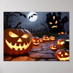 Spooky Halloween Background with Glowing Pumpkin Poster