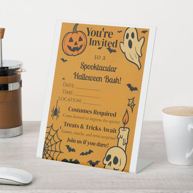 Spooky Halloween Bash Invite | Ghosts & Games Pedestal Sign (In SItu)