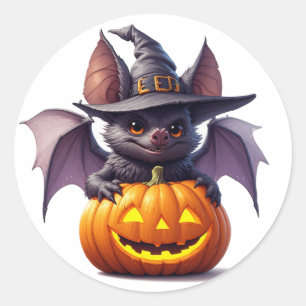 Spooky Halloween Bat And Pumpkin Scene 👻 Classic Round Sticker