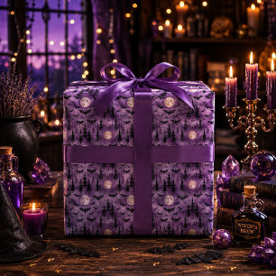 Spooky Halloween Bats Full Moon Purple Forest Wrapping Paper