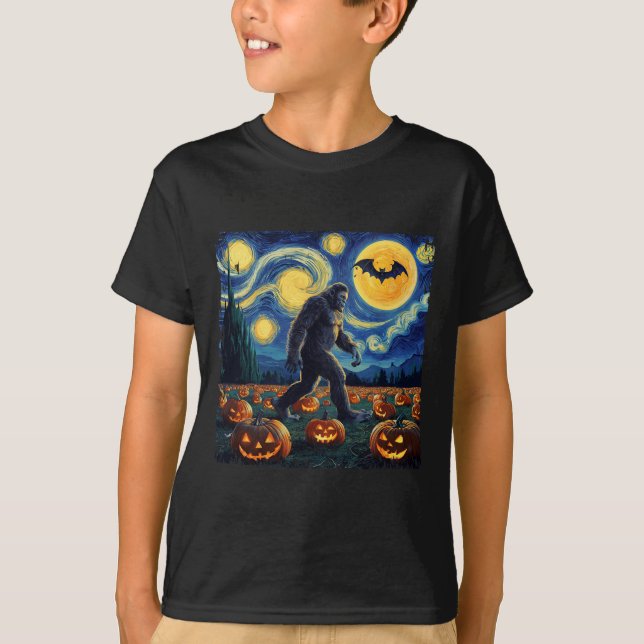 Spooky Halloween Bigfoot Starry Night Van Gogh  T-Shirt (Front)