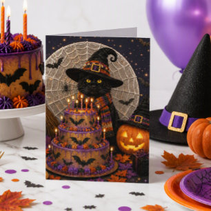 Spooky Halloween Birthday Black Cat Greeting Card