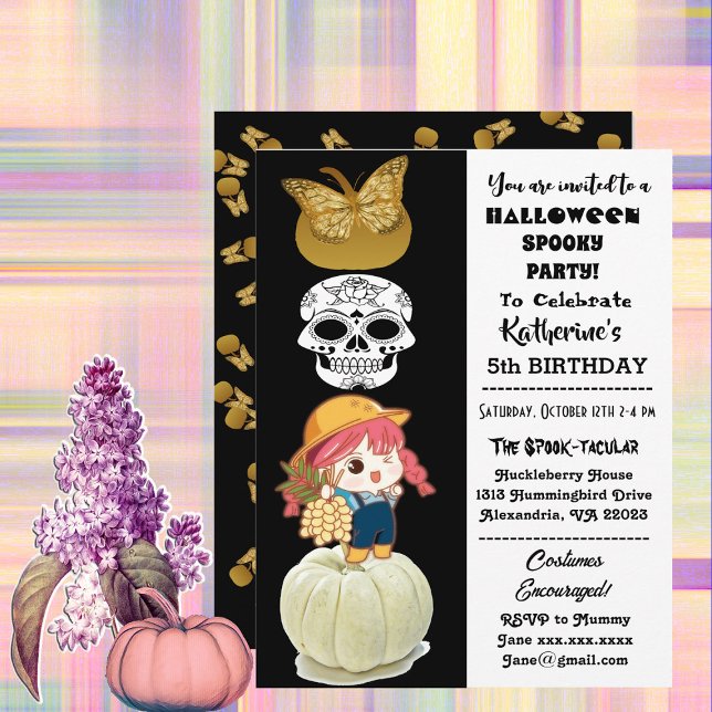 Spooky Halloween Birthday Girl Gold Pumpkins Party Invitation (Spooky Halloween Birthday Girl Gold Pumpkins Party Invitation)