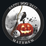Spooky Halloween Birthday Pumpkin Crow Skull    Classic Round Sticker<br><div class="desc">These spooky Halloween stickers are perfect for a Halloween birthday party, as a party favour or as an envelope seal for Halloween birthday party invitations. These stickers for Halloween birthday feature a black splotched ink background with a fiery jack o'lantern, human skull, black crow, and a witches broom. Personalise with...</div>