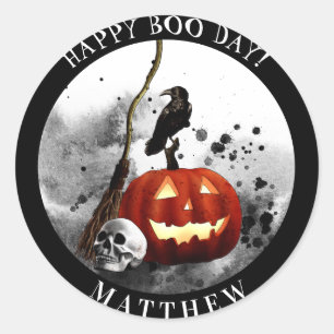 Spooky Halloween Birthday Pumpkin Crow Skull    Classic Round Sticker