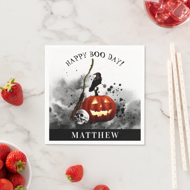 Spooky Halloween Birthday Pumpkin Crow Skull   Napkin (Insitu)