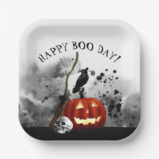 Spooky Halloween Birthday Pumpkin Crow Skull   Paper Plate (Front)