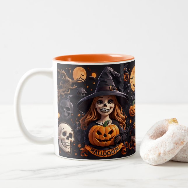 Spooky Halloween Boo Bat Pumpkin Skull Witch Spide Two-Tone Coffee Mug (With Donut)