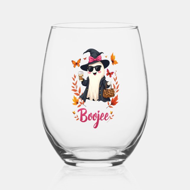 Spooky Halloween Boojee Sassy Classy Ghost  Stemless Wine Glass (Back)