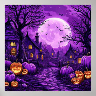 Spooky Halloween Castle Bats Pumpkins Night Poster