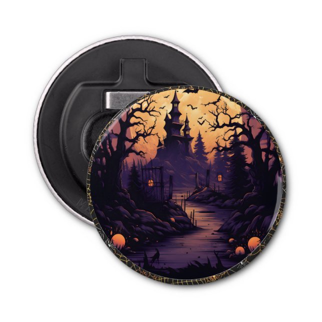 Spooky Halloween Castle Button Bottle Opener (Front)
