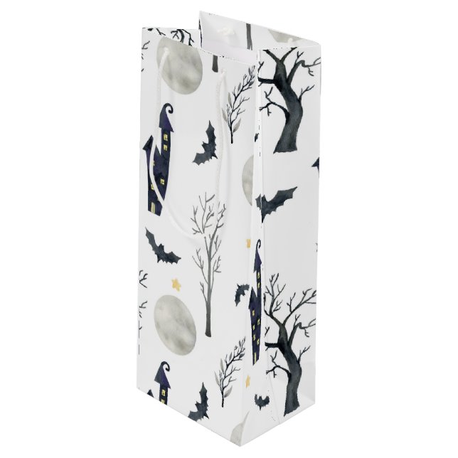 SPOOKY HALLOWEEN CASTLES MOONS BATS TREES WINE GIFT BAG (Front Angled)