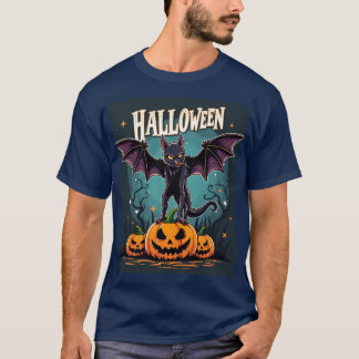 Spooky Halloween Cat: Bat Wings & Pumpkins T-Shirt