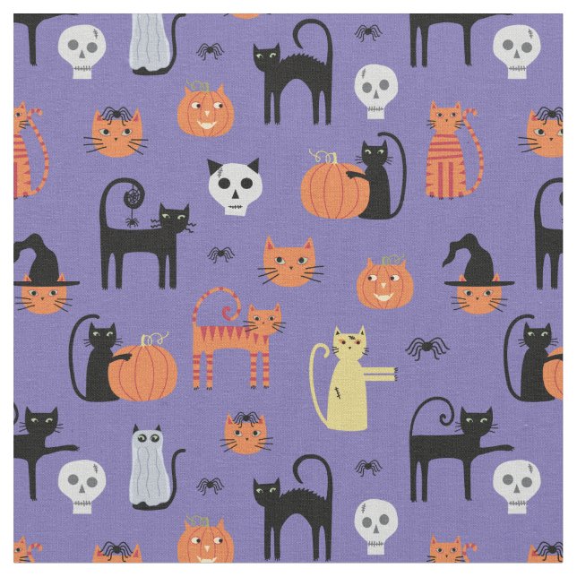 Spooky Halloween Cat Pattern Purple Fabric (Close Up)