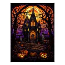 Spooky Halloween Church in the Woods Stained Glass