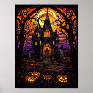 Spooky Halloween Church in the Woods Stained Glass Poster