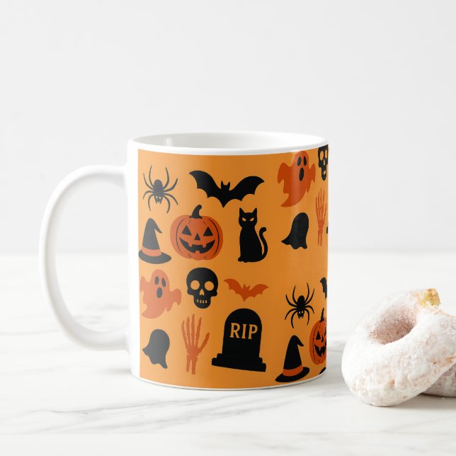 Spooky Halloween Coffee Mug – Black & Orange (With Donut)