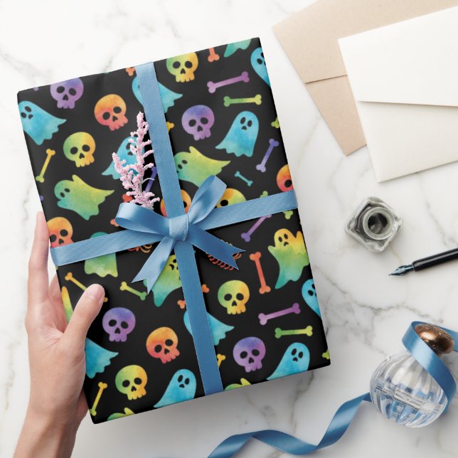 Spooky Halloween Colourful Skulls Bones Cute Ghost Wrapping Paper (Gifting)