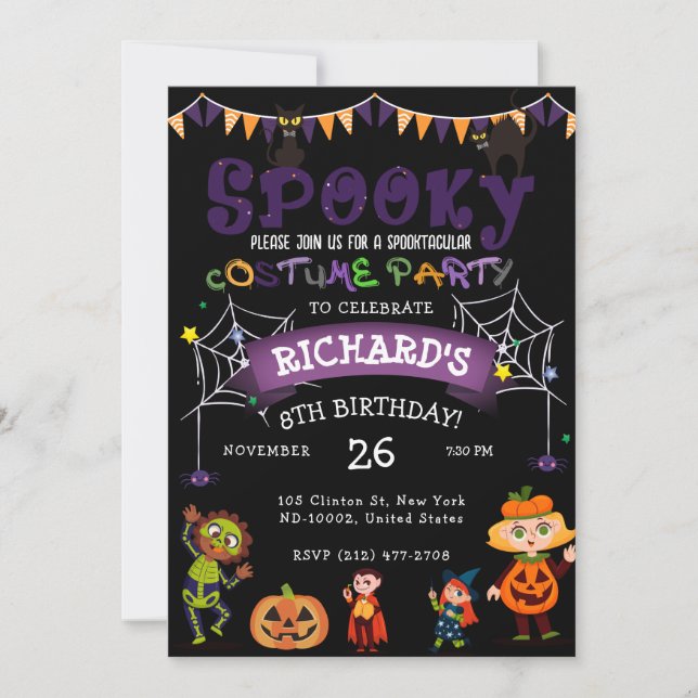 Spooky Halloween Costume Kids Black Birthday Party Invitation (Front)