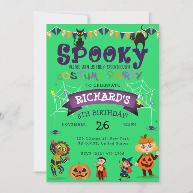 Spooky Halloween Costume Kids Green Birthday Party Invitation (Front)