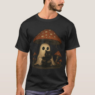 Spooky Halloween Cottagecore Ghost And Black Cat  T-Shirt
