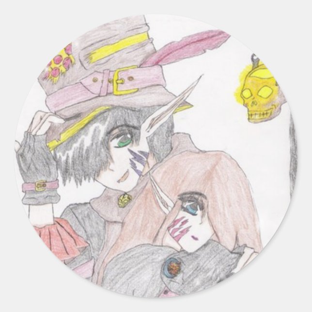 Spooky Halloween Couple Drawing Classic Round Sticker (Front)