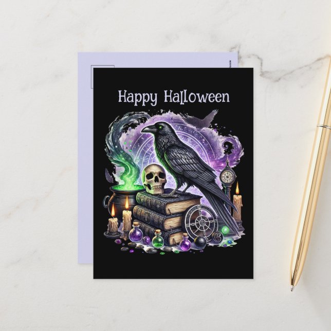 Spooky Halloween customisable crow Holiday Postcard (Front/Back In Situ)