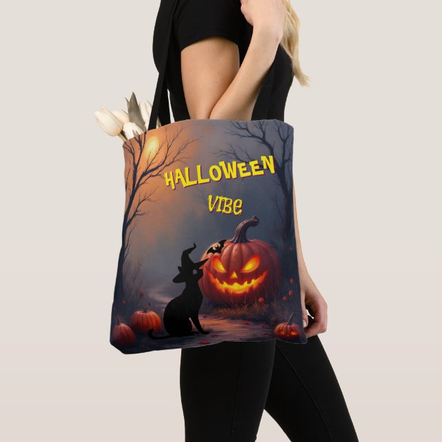 Spooky Halloween Customizable Cat and Pumpkin Tote Bag (Close Up)