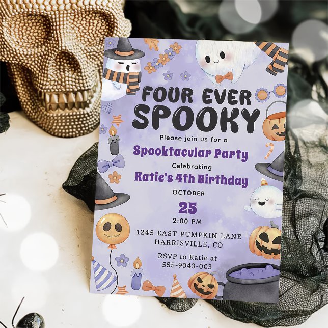 Spooky Halloween Cute Ghost 4th Birthday Invitation (Creator Uploaded)