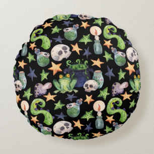 Spooky Halloween: Dark Hand-Drawn Pattern. Round Cushion
