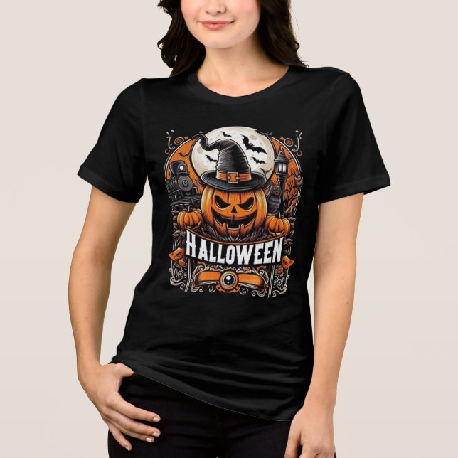 Spooky Halloween Express & Jack-O'-Lantern Witch Tri-Blend Shirt (Front)