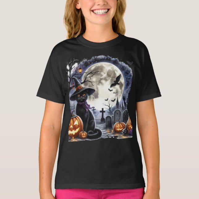 Spooky Halloween Full Moon and Black Cat  T-Shirt (Front)