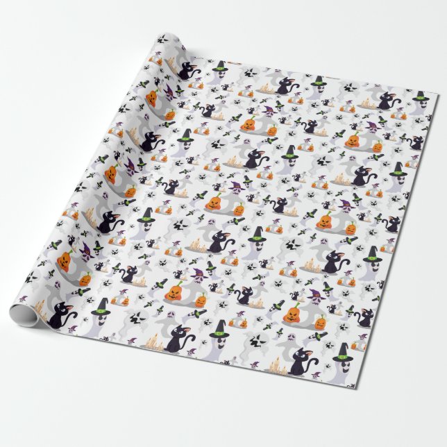 Spooky Halloween Ghost Creepy Pumpkin Scary Cat  Wrapping Paper (Unrolled)