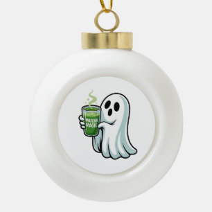 Spooky Halloween Ghost Drinking Matcha Drink  Ceramic Ball Christmas Ornament